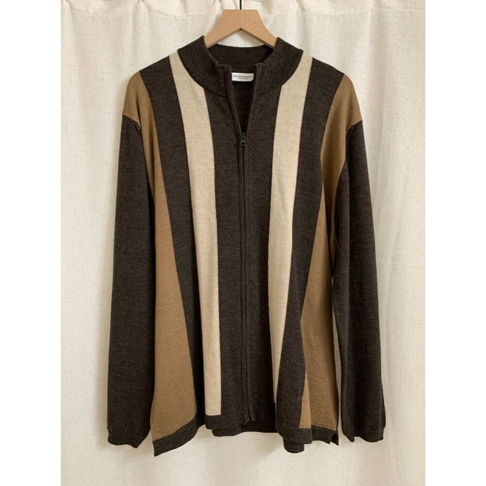 Bachrach Italy 100% Merino Wool Brown Full Double Zip Vertical Stripe Sweater XL